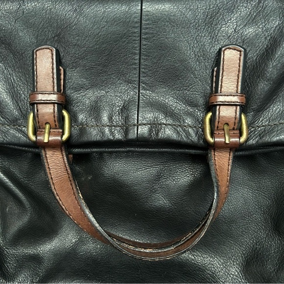 Fossil Explorer Tote in Black Leather with Brown Leather and Brass Accents - Picture 8 of 16
